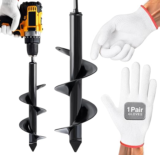 Auger Drill Bit for Planting with Gloves (4 x 12 Inch) - Heavy Duty Garden Spiral and Bulb Planter Tool for Digging Holes - Compatible with 3/8 Inch Hex Drive