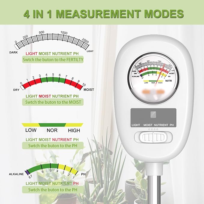 [Newest] Soil Meter, 4-in-1 Soil Moisture Meter, Digital Soil Test with pH, Moisture, Light and Nutrient for Gardening, Lawn, Farming, Outdoor& Indoor Plants