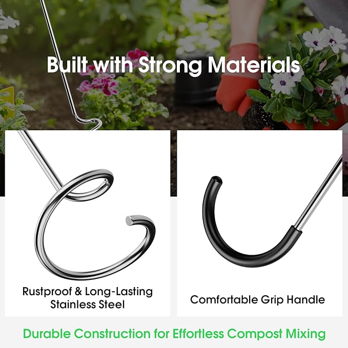 Compost Aerator Tool, Heavy Duty Spiral Compost Turner with Ergonomic Handle, Manual Soil Aeration Tool for Garden Compost Bin and Backyard Pile Mixing
