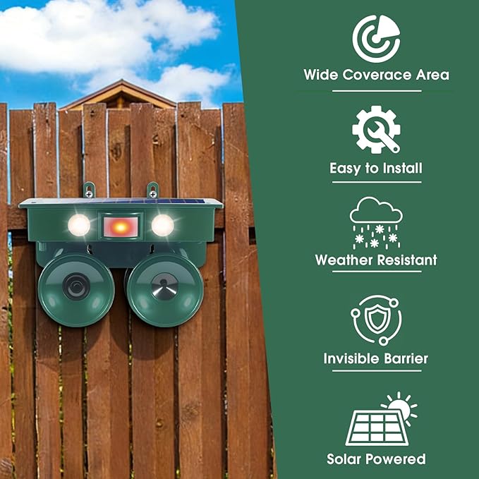 Solar Ultrasonic Bird Repellent Devices Pigeon Repeller Outdoor with Flash Light, Ultrasonic Animal Stopper Device with Motion-Sensor, Bird Repellent to Keep Birds Away from Patio Balconies Farm