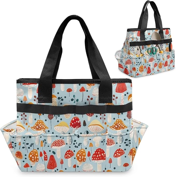 Mushroom Garden Tool Bag Portable Gardening Tool Organizer Bag with 10 Pockets and Handle Tool Carrier and Storage for Garden Lawn Yard Casual Camp