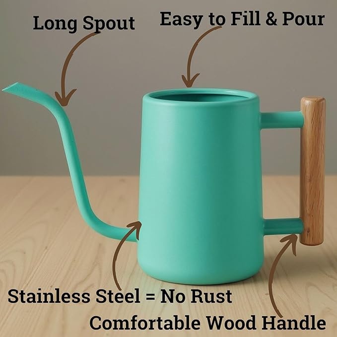 35 oz Metal Small Indoor Watering Can with Long Spout & Real Wood Handle for House Plants, Succulents, Cacti & Seedlings - Green Long Spout Watering Can Indoor Plants - Stylish, Gentle Flow, No Spills