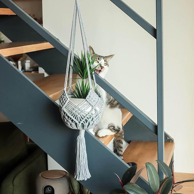 4 Pack Macrame Plant Hangers Indoor Up to 10 inch Pot, Boho Hanging Planters, Plant Holder with 8Pcs Stainless Steel Hooks (4Pcs Gray Hanger)