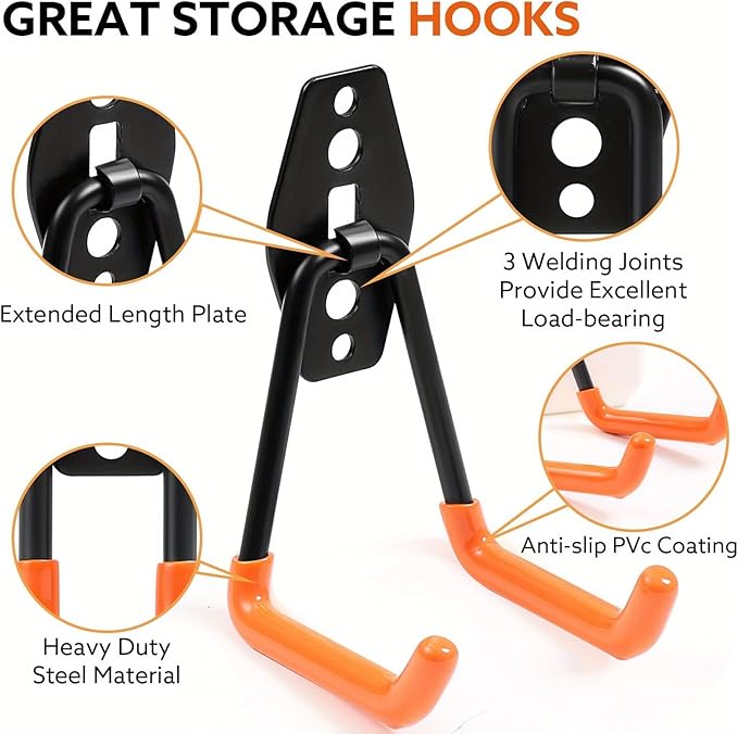 28 Pack Garage Hooks Heavy Duty, Industrial Wall Mount Garage Storage Hooks for Hanging Bike, Ladder and Garden Tools, Organization System with Mop Broom Holders, 100 LBS Capacity, Orange