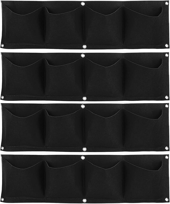 AYNEFY 4Pcs 4 Pocket Hanging Planter Bags, Wall Mounted Reusable Degradable Felt Garden Planter Plant Grow Bag Outdoor Indoor Gardening Vertical Greening Flower Container, Planting Bags (Black)