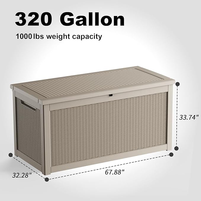 ROJIK 320 Gallon Waterproof Outdoor Deck Storage Box, Lockable Resin Patio Storage Bin with Lid for Garden Tools, Patio Cushions & Outdoor Accessories(Grey)