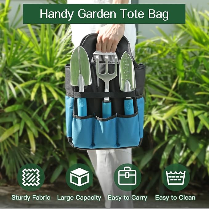 Housolution Gardening Tools Set, 8PCS Heavy Duty Garden Tools with Non-Slip Rubber Grip with Large Garden Bag for Aluminum Alloy Hand Tools for Gardening,Gardening Gifts for Women and Men, Blue+Black