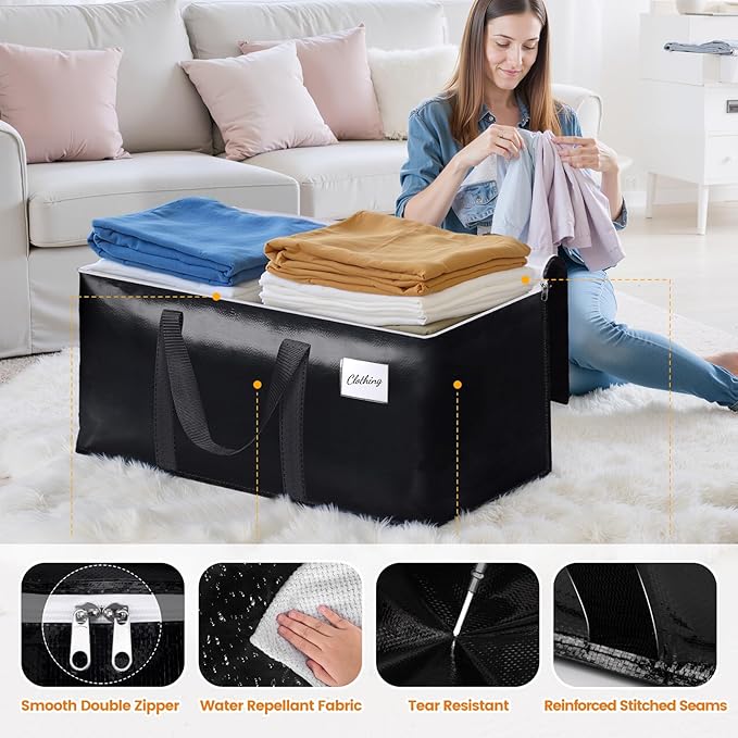 Heavy-Duty & Extra Capacity Moving Bags with Backpack Straps, Storage Totes with Double Zipper & Strong Handles, Packing Bags Alternative to Moving Boxes, Moving Supplies (8 Pack, Black)