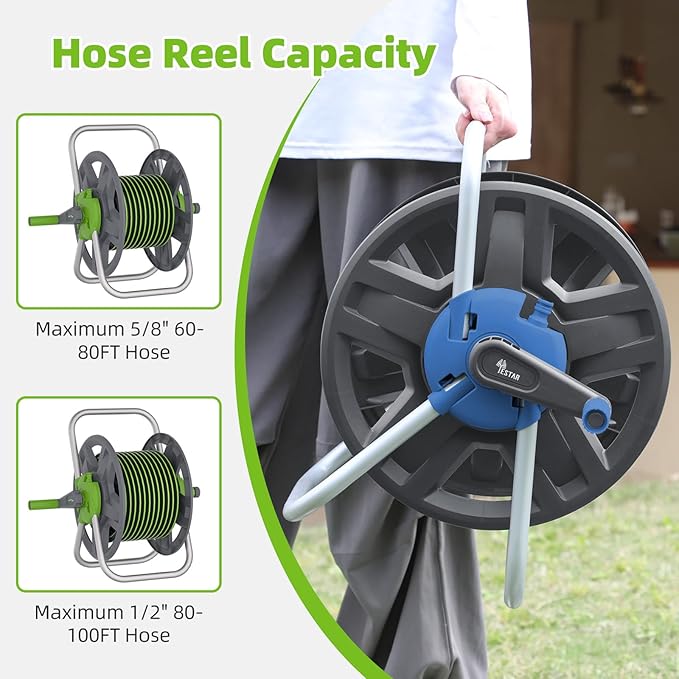 Water Hose Reel Cart, Holds 60-80 Ft of 5/8 Inch Hose, Blue Wall Mounted Garden Hose Cart, Portable Hose Reel for Convenient Storage and Watering