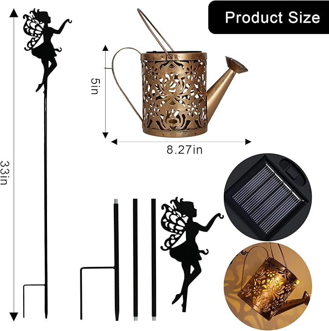 Solar Watering Can with Cascading Lights Outdoor Garden Decor,Waterproof Solar Lantern with Fairy Shepherd Hook,Solar Fairy Lights Outdoor Decoration,Unique Garden Gifts for Women, Flow RGB