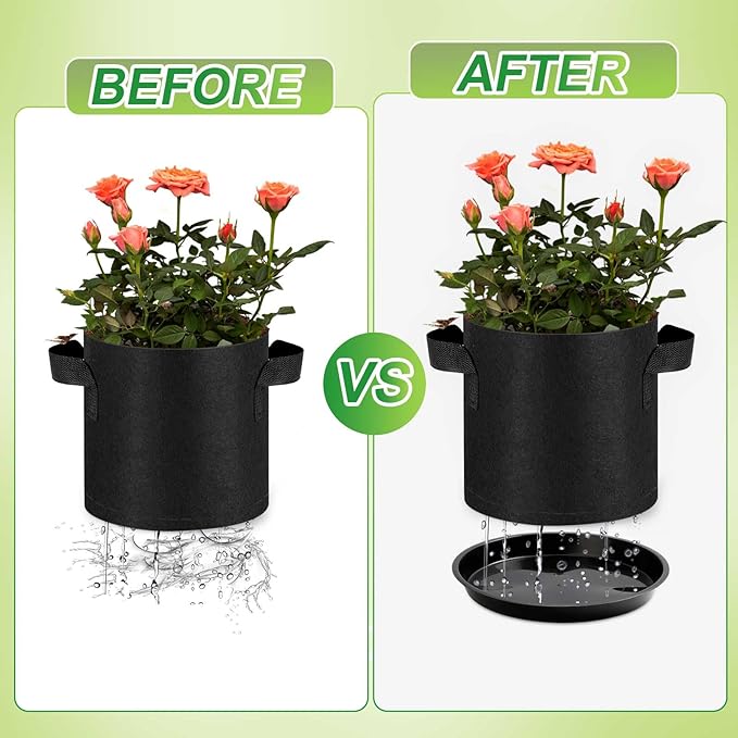 5 Pack 5 Gallon Grow Bags with 5 Plant Saucer and 5 Labels 260g Thickened Nonwoven Fabric Plant Pots with Handles, Garden Grow Bags for Vegetables, Aeration Pots