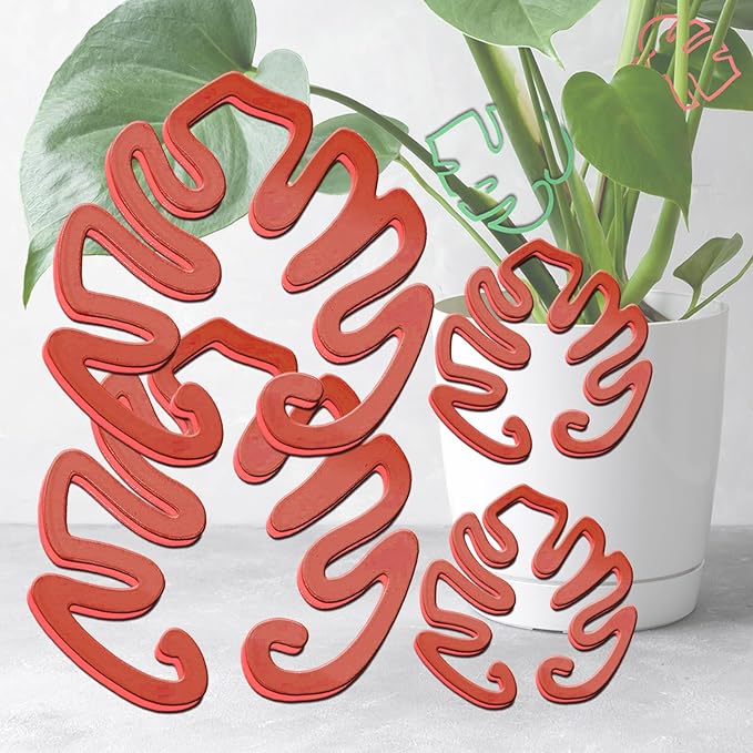 4PACKS Unique & Aesthetic Monstera Leaf Shape Grapple Plant Support, Grappler Rings, Plant Support Monstera with Ties, Keeps Plants Tame & Growing Vertical (red)