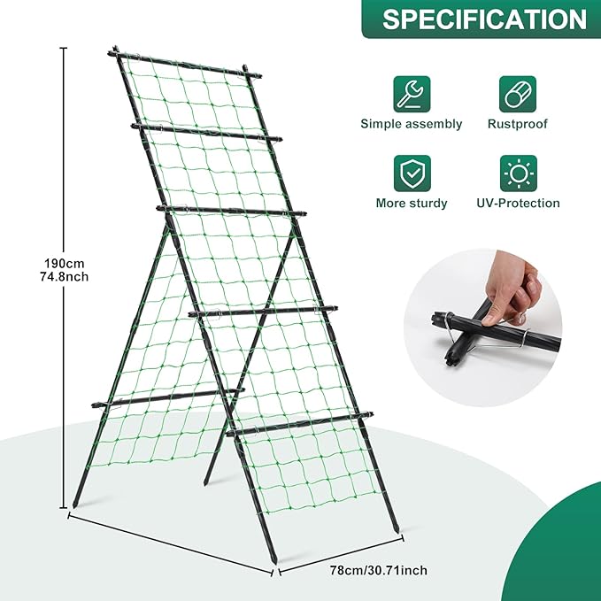 Cucumber Trellis for Raised Bed, 6ft Metal A-Frame Garden Trellis for Climbing Plants Outdoor Support Vine Fruits Grape Vegetable Squash Tomato Pea Bean Trellis, with Netting, Black