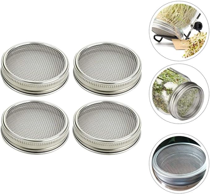 BESPORTBLE 4pcs 86mm Mason Jar Sprouting Lids Stainless Steel Mesh Strainer Covers Versatile Sprouting Accessories for Home Gardening and Seed Germination