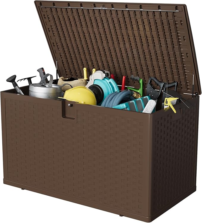 GarveeLife 120 Gallon Outdoor Storage Box, Large Resin Deck Box with Hydraulic Air Rod, Weatherproof & Lockable Outdoor Storage Bin for Patio Cushions, Garden Tools, Pool Supplies, Porch, Brown