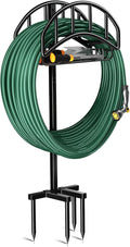 Kesfitt Garden Hose Holder Stand with Tool Storage Basket & 4 Spikes, Detachable Heavy Duty Metal Freestanding Outdoor Organizer for Lawn Yard Water Storage Rack