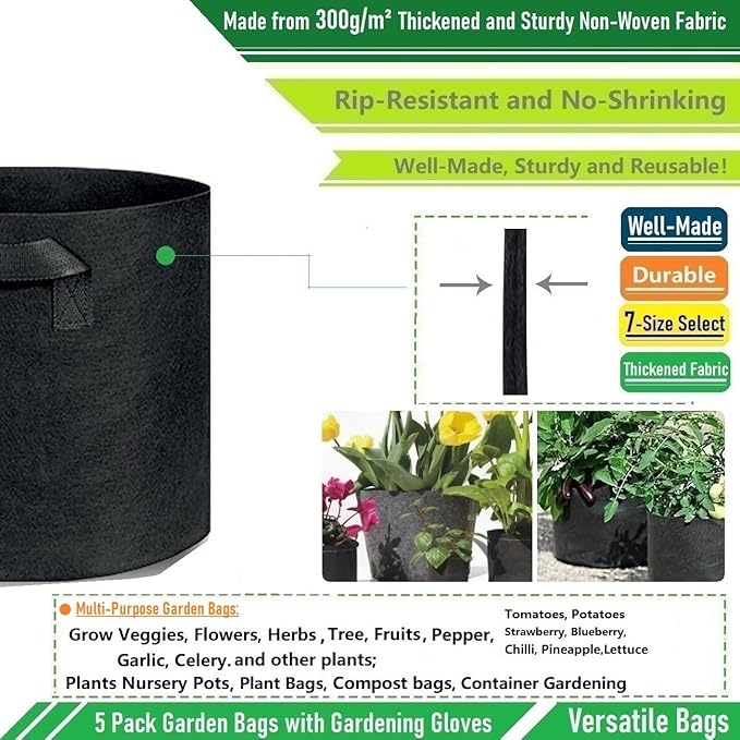 5-Pack 1 Gallon Thickened Plant Grow Bags (7x6 inch) Nursery Bags Fabric Plant Pots Garden Bag for Flower Pot,Herbs Veggies Planter Bag,Garden Pots,Barrel Planter,Plant Container with Gardening Gloves