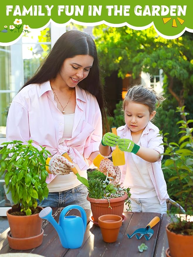 Biubee Toddler Gardening Tools Set - Sturdy Kids Watering Can Toy, Child Gardening Set with Metal Shovel Hand Rake Kids Gloves, Garden Toys for Baby Outdoor Beach Sand Toy Gift, Blue