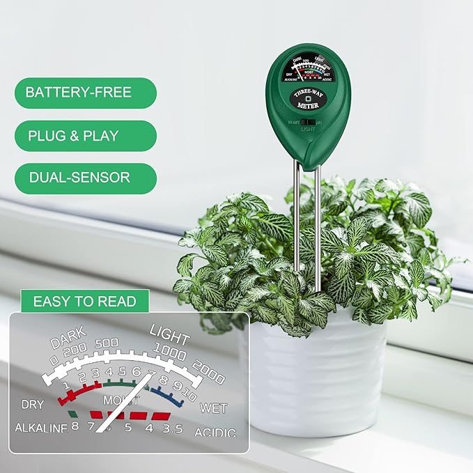 Soil pH Meter, Soil Moisture Meter 3-in-1 Soil Tester with Moisture, Light and PH Test, Soil Test Kit for Home/Garden/Farm/Lawn/Indoor & Outdoor