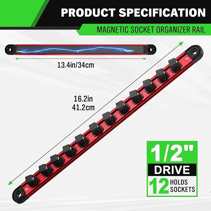 1/2-Inch Magnetic Socket Organizer Rail, Aluminum Alloy Socket Rail, Heavy Duty Sockets Holder with 12 Clips, 360° Swivel Clip Tool Tray, Sockets Organizer for Tool Box Drawer (Red)