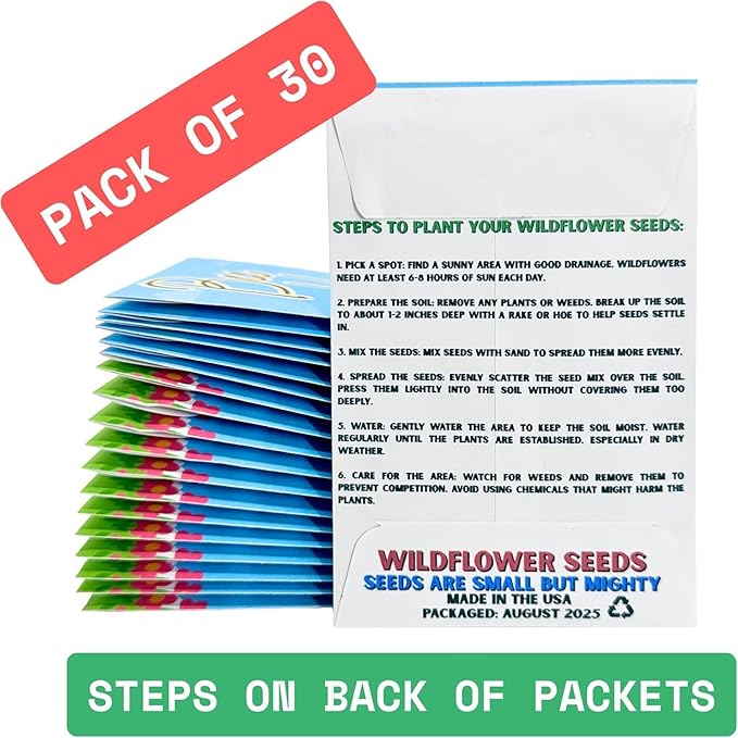 Wildflower Seed Packets Bee Kind Party Favors (Pack of 30) - Bee Friendly & Pollinator Wildflower Seed for Planting Gardening (Bee Kind Blue Sky)