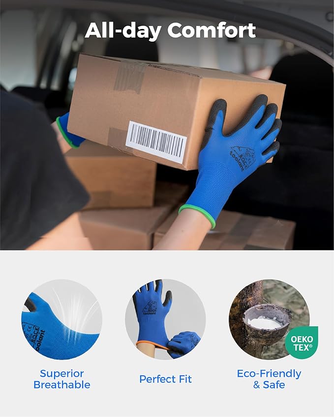 toolant Crinkle Latex Work Gloves Bulk, Rubber Coated Safety Work Gloves for Men and Women, 12 Pairs for Construction, Gardening, Warehouse (Black & Blue, X-Large)