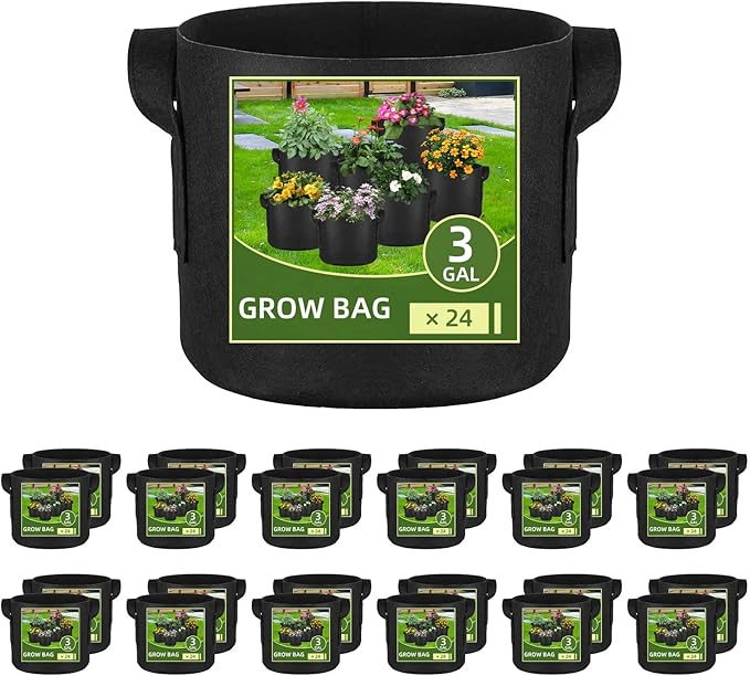 24 Pack 3 Gallon Grow Bags, Heavy Duty Thickened Aeration Fabric Pots with Handles for Vegetable/Flower/Plant