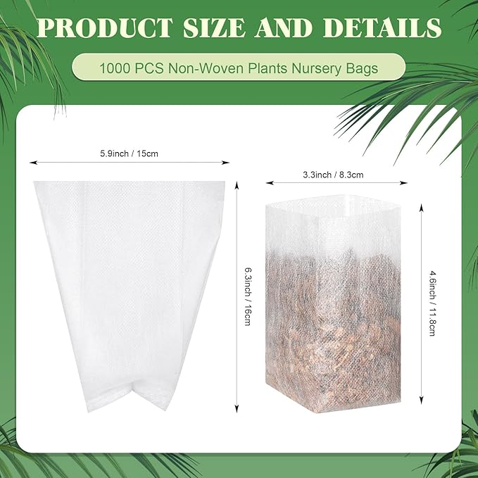 1000 Pcs Nursery Seed Non Woven Plants Nursery Bags 5.9 x 6.3 Inch Fabric Seedling Pots Grow Bags Plants Pouch for Vegetables Flower for Home Garden Greenhouse Supplies
