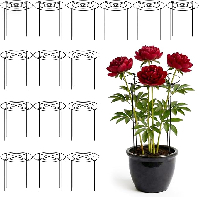 Geelin 15 Pack 12 x16 Inch Peony Cages and Supports Grow Through Metal Plant Supports Frame Rings Hoops for Outdoor Plants Peony Flowers Tomato Rose(Black)