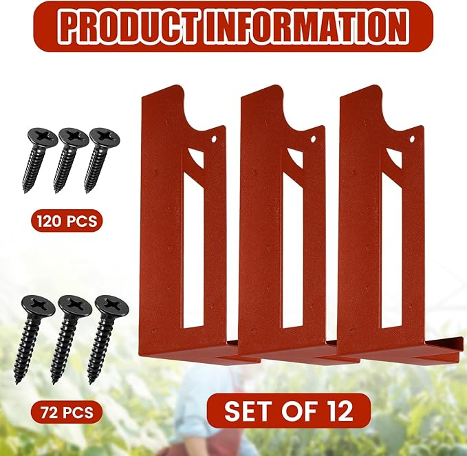 12 Pack Raised Garden Bed Corner Brackets with Securing Lip Fits Lumber up to 2" x 12" Metal Garden Corner Bracket for Wood Frame Bed 4.7" L x 2" W x 10.5" H (Sand Red)