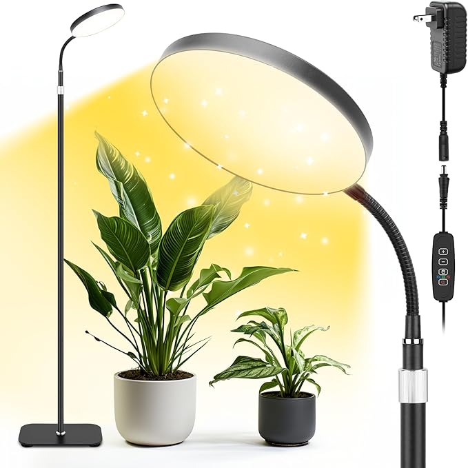 20W Full Spectrum Grow Light for Indoor Plants, 63" Adjustable Floor Lamp with Gooseneck, 4000K Natural Sunlike Light, 3/9/12H Auto On/Off Timer, 10-Level Dimmable for Tall & Small Plants