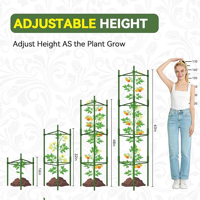 Halatool 63 Inch Tall Tomato Cage 8 Pack, Adjustable Tomato Cages for Garden, Garden Stakes Tomatoe Trellis for Pots, Tomatoes Plant Support for Raised Garden Bed & Vegetables Flowers