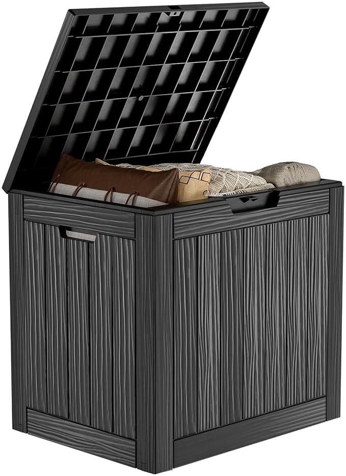 30 Gallon Resin Deck Box,Lockable Outdoor Storage Box for Patio Cushions Storage Furniture,Garden Tools,Pool Supplies, Weatherproof and UV Resistant (Black)