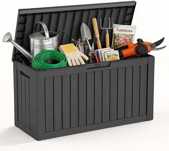 DRATO 85 Gallon Outdoor Deck Box, Weather-Resistant Resin Patio Storage Box with Hydraulic Rod, Large Capacity Storage Bin for Garden Tools, Pool Towels, Outdoor Cushions & Toys (Black)
