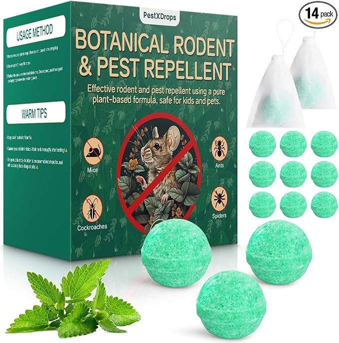 Rodent Mouse Repellent 14 Pack, Peppermint Oil Moth Balls for Mice Rats Deterrent, Natural Pest Control Mothballs for Rodents, Squirrels, Skunk, Mole, Gopher, Pets Safe, Indoor and Outdoor Use