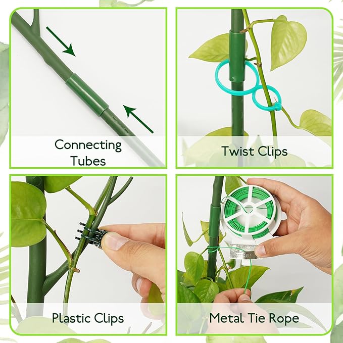 12 Pack Monstera Plant Support Stakes, 27.5 Inch Natural Looking Detachable Plant Stakes for Climbing Plants, Includes 16 Orchid Clips & 12 Twist Ties & 65ft Garden Tie Outdoor Indoor