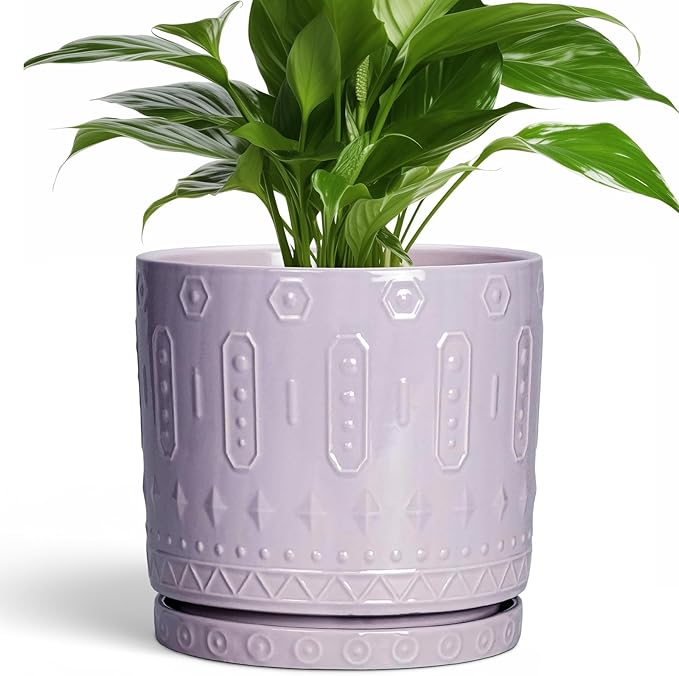 Eightpot Ceramic Flower Pots, 8 Inch Plant Pots Indoor Outdoor, Round Planter with Drainage Hole and Tray, Boho Planter, Decorative Pot for Plants, Apartment Decor, House Warming Gifts, Purple