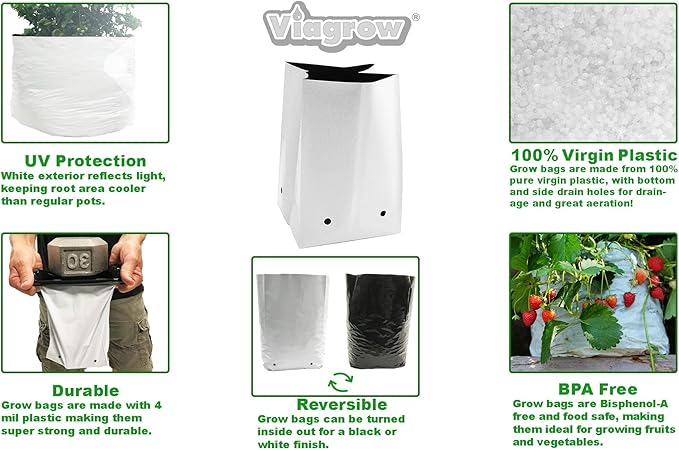 Viagrow Grow Bags Thick Plastic Grow Bags for Potting, Seedlings, Rootings, 1 Gallon 100 Pack, White
