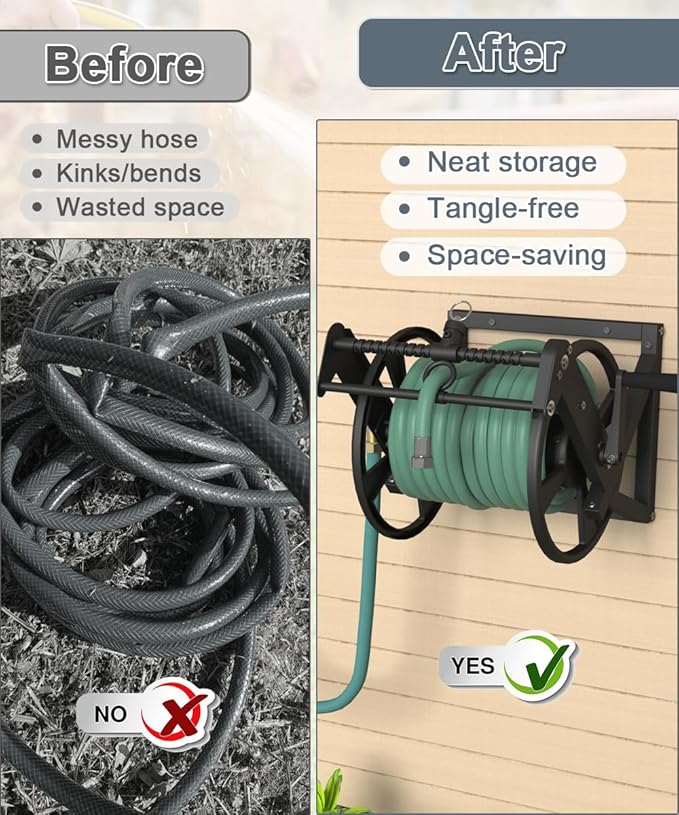 Wall Mounted Reciprocating Garden Hose Reel with Hose Guide, Outdoor Heavy Duty Metal Water Hose Holder Storage Rack Holds 125ft of 5/8'' Hose with Brass Fitting & 3.9ft Leader Hose, Black