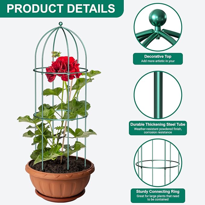 DoCred 3 Pack Plant Support Cage Large Peony Cages and Supports Peony Cage Obelisk Trellis for Climbing Plants Tomato Cages Plant Supports for Outdoor Plants Garden Decor, Green