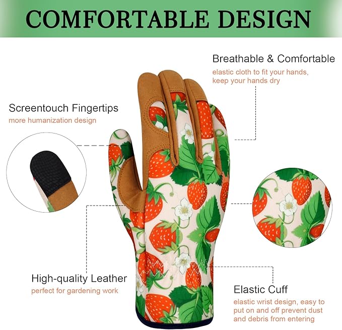 Leather Gardening Gloves for Women Thorn Proof Garden Gloves Touch Screen Working Gloves Gifts,M