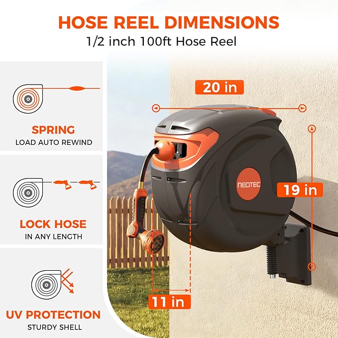 NEOTEC Retractable Garden Hose Reel 100 ft 1/2 Inch with 3-Layer PVC Hose Wall Mount Automatic Slow Return Any-Length Lock 180° Swivel Hose Reel for Large Yard