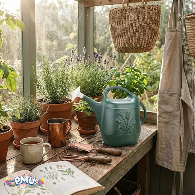 PMU 2 Gallon Watering Can - Garden Watering Can for Indoor & Outdoor Plants - Plastic Water Can with Detachable Sprinkler Head - Large Water Pot, Made in USA - Hunter Green Pkg/12