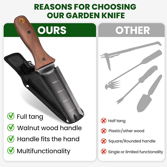 Hori Hori Garden Knife, Garden Tools with Sheath, 6" Stainless Steel Blade with Cutting Edge, Full-Tang Walnut Ergonomic Wood Handle with Hanging Hole, Weeding, Planting, Digging