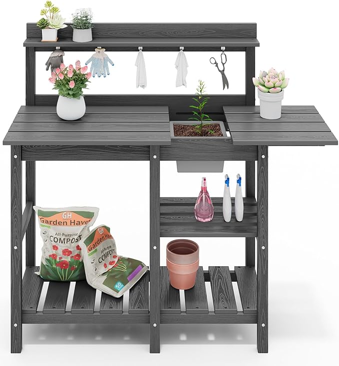 SERWALL Outdoor Potting Bench with Removeable Sink,Rot-Resistant HDPE Potting Table for Outside Gardening, All Weather Use - Gray