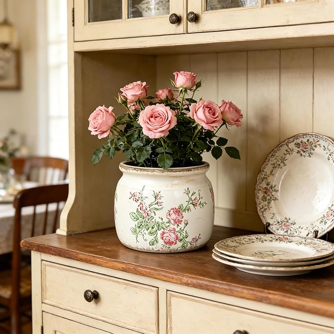 Flower Pots Planters for Indoor Plants Ceramic Plant Pots with Drainage 6.1 Inch Vintage Ceramic Pots for Plants Outdoor Home Garden Decor, Vintage Pink Rose