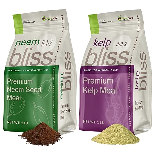 Neem Bliss (1lb) + Kelp Meal (1lb) - Neem Cake for Plants & Kelp Meal Organic Fertilizer - Kelp Fertilizer for Plants - Neem Seed Meal Fertilizer - Natural Plant Food Rich in Vitamins & Nutrients