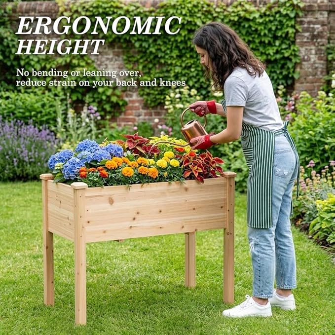 Raised Garden Bed with Legs, 32x16x30 inch Wood Elevated Planter with Protective Liner for Vegetable Flower Herb, Outdoor Planter Box Kit for Balcony Patio Backyard, Natural