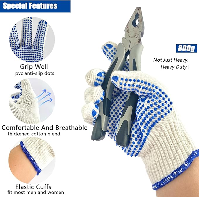 12 Pairs Cotton Work Gloves for Men Women,Hardy Cloth Moving Gloves with Grip,String Knit Gloves Bulk for Garage Warehouse