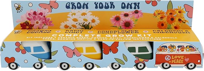 BUZZY Seeds Mini Ceramic Flower Bus Grow Kit, 4-Pack – Colorful Retro Bus Planters with Daisy, Cosmos, Calendula & Coneflower Seeds, All-in-One Seed Starter Gift Set
